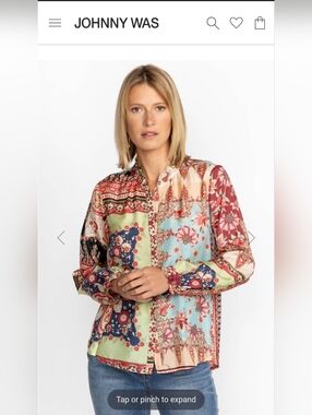 JOHNNY WAS Multicolor Patchwork Floral Button-Front Blouse